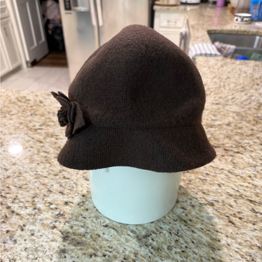 August Brown Wool Floral Applique Cloche Hat